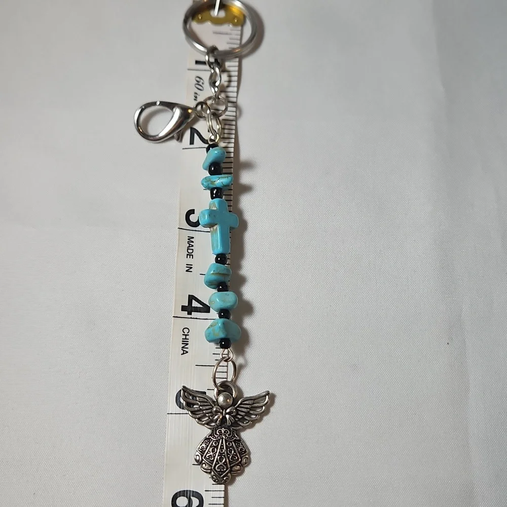 Guardian Silver Angel Charm Turquoise Cross Stone Black Beaded Keychain, Keyring